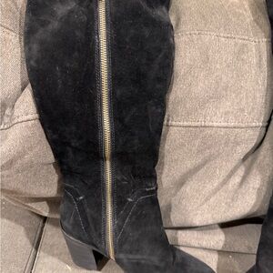 Splendid Black Suede Knee-High Boots with Gold Zipper